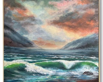 Abstrakte Malerei Meerlandschaft: Meereswellen Bild, Küstenlandschaft (28x28)
