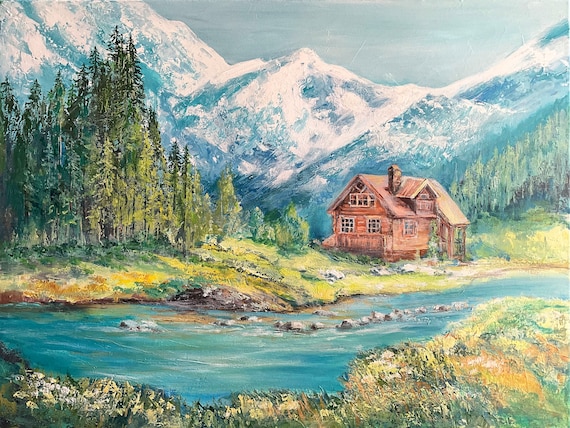 Acrylic Landscape Painting Mountain Cabin Frosty Morning Cabin