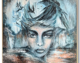 Abstrakt drömsk känslomässig väggkonstdekor original kanvasmålning surrealistisk porträtt