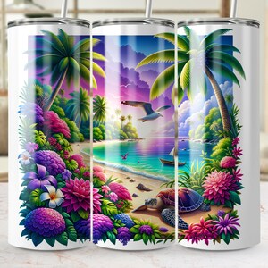 Tropical Beach Tumbler Design, Digital Download, Island Life Tumbler, Floral Beach Wrap, 20oz Skinny Tumbler PNG, Summer Beach Tumbler