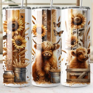 Highland Cow Sunflower Tumbler PNG, 20oz Sublimation Design, Digital Download, Rustic Farmhouse Tumbler Wrap, Animal Lover Gift