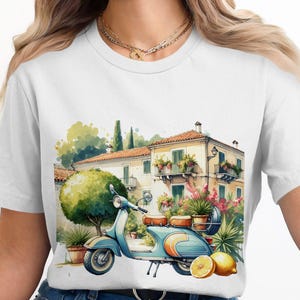 Italian Scooter T-Shirt Digital Download, Watercolor Vespa Art, Travel Italy Print, Summer Vibes, European Scene, Unique Gift, DIY Decor