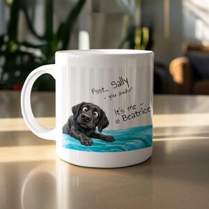 May include: A white ceramic mug featuring a graphic of a black Labrador retriever lying on a blue blanket. The text reads, Psst... Sally - you awake? It's me - Beatrice, accompanied by a small paw print icon against a light gray striped background.