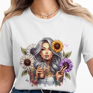 Tattooed Girl with Coffee T Shirt Digital,Sunflower Design,Instant Download,Sublimation PNG,Boho Art,Girl Clipart,Tattoo Art,Aesthetic