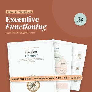 May include: A 32-page executive functioning workbook featuring the title Mission Control, 8 skills, and 24 strategy cards. The document includes a circular planning wheel graphic and a compass illustration on a white background with rust-colored accents.