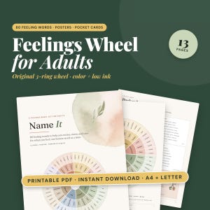 Könnte beinhalten: Ein Gefühlsrad-Set für Erwachsene mit 80 Gefühlswörtern, Postern und Pocket-Cards. Das Dokument umfasst 13 Seiten mit einem 3-Ring-Rad-Design, Aquarellakzenten und dem Text Name It, Printable PDF, Instant Download, A4 + Letter.