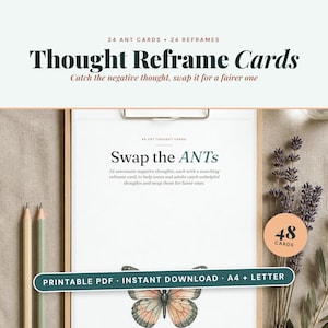 May include: A set of Thought Reframe Cards featuring 24 ant cards and 24 reframes. The document includes the text "Swap the ANTs" and "24 automatic negative thoughts," with a butterfly illustration and two pencils on the side.