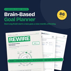 May include: A 12-week undated goal planner with 86 pages, featuring a grid-lined cover titled REWIRE Brain-Based 12-Week Goal Planner. The planner includes internal pages with goal-setting charts, a brain illustration, and text indicating print, digital fillable, and 75 stickers included.