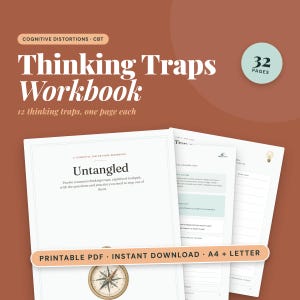 May include: A 32-page Thinking Traps Workbook with a terracotta background. The cover features the text Untangled, Twelve common thinking traps, and a compass illustration. Additional pages show structured writing prompts and a lightbulb icon.