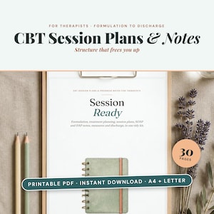 May include: A document titled CBT Session Plans & Notes for therapists, featuring the text Session Ready, formulation, treatment planning, SOAP and DAP notes, measures and discharge. Includes a 30 pages graphic and a green spiral notebook.