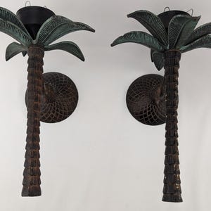 Vintage Heavy Cast Iron Palm Tree Sconce Pair Neoclassical Garden Antique Beach House Island Tropical Metal Duo Twin Green Coconut Brown
