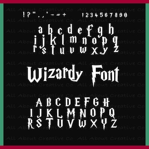 May include: A white font alphabet with a wizard-like style. The letters are in uppercase and include numbers and punctuation marks. The text "Wizardy Font" is displayed in the center of the image.
