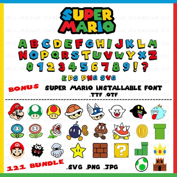 Super Mario font, Mario font, Super Mario letters, Super Mario font SVG, Super Mario font Cricut, super mario font silhouette TTF OTF