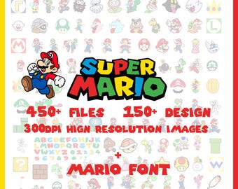 Paquete SVG de Super Mario para Cricut y sublimación, archivos de corte de Mario, imágenes prediseñadas de Mario, fuente de Super Mario, PNG de Mario