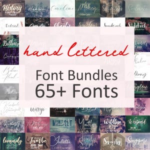 Può includere: Un collage di oltre 65 font scritte a mano in vari stili, tra cui corsivo, serif e sans-serif. I font sono visualizzati in un formato a griglia con il nome di ogni font elencato sotto il testo di esempio. I testi "hand lettered" e "Font Bundles 65+ Fonts" sono visualizzati in caratteri grandi e grassetto.