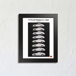 May include: A framed print showcasing a sequence of white Porsche 911 models, spanning from 1963 to the present day. The cars are set against a black backdrop, with the Porsche logo at the top. The frame is black.
