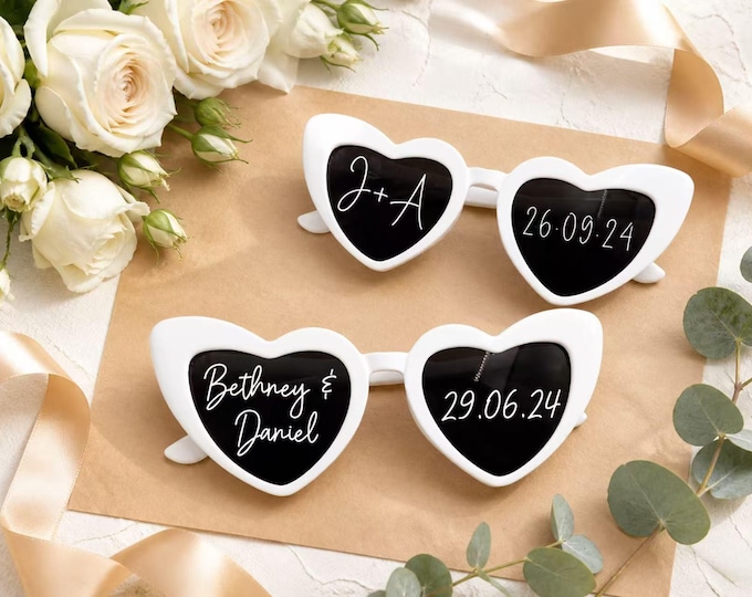 Custom Wedding Sunglasses,  Personalised Wedding Date Initials Love Heart Sunglasses, Wedding Personalised Sunglasses Wedding Favors Gifts