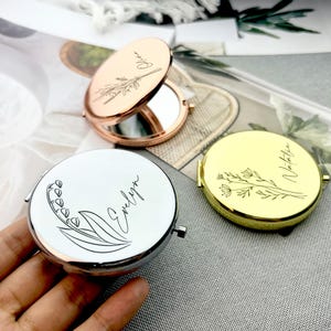 Personalized Name Vanity Mirrors Bridesmaid Gifts, Custom Women&#39;s Flower Engraved Pocket Mirrors, Personalized Wedding or Birthday Souvenirs