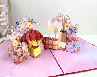 Charmante carte de voeux pop-up 3D, vin rouge et fleurs, cadeau d'anniversaire carte de voeux pop-up, élégante carte de voeux pop-up 3D cadeau d'anniversaire