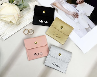 Personalised Name Leather Wedding Ring Pouch, Custom Wedding Ring Bag Jewellery Pouch, Earrings Bags Bride Gift Anniversary Gift for Her