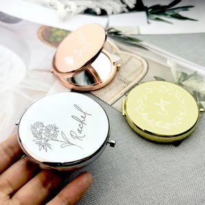 Personalized Name Vanity Mirrors Bridesmaid Gifts, Custom Women&#39;s Flower Engraved Pocket Mirrors, Personalized Wedding or Birthday Souvenirs