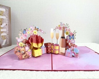 Charmante carte de voeux pop-up 3D, vin rouge et fleurs, cadeau d'anniversaire carte de voeux pop-up, élégante carte de voeux pop-up 3D cadeau d'anniversaire