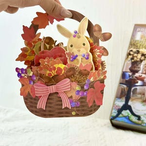 Carte de voeux faite main de panier de fleurs de lapin, adorable 3D cadeau de carte de voeux de panier de fleurs de lapin pour elle, cadeau d'anniversaire de lapin miniature pop-up