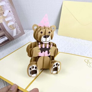 Jolie carte de voeux d'anniversaire ours faite main, carte de voeux pop-up 3D personnalisée ours, mini carte d'anniversaire pop-up ours cadeau d'anniversaire pour elle