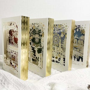 4 cartes de Noël pop-up 3D personnalisées, carte de Noël personnalisée faite main de bonhomme de neige et de forêt d'hiver de renne, cadeau de Noël de carte pop-up 3D