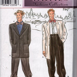 May include: Simplicity Retro Fashion Collection pattern. The illustration features two men in retro suits. The pattern includes a dark gray suit with a blue shirt and a light-colored suit with a white shirt. The pattern size is AA 38, 40, 42, 44.