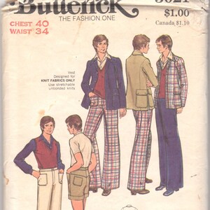 May include: A vintage sewing pattern for a vest and pants. The pattern is for knit fabrics only and includes instructions for making a vest and pants with a plaid pattern. The pattern is for sizes 36 to 42 chest and 30 to 36 waist.