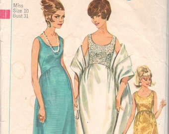 Simplicity 6569 1960s Misses Evening Dress and Stole Pattern High Waist Scoop Neck Bell Skirt Womens Vintage Sewing Pattern Size 10 Bust  31