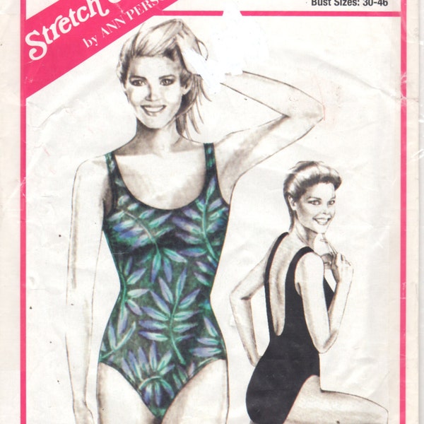 Stretch & Sew F828 1301 Misses EASY Tank Suit  Pattern Swimsuit  Womens 1 Piece Bathing Suit Pattern Sccop Neck Low Back Bust 30 - 46 UNCUT