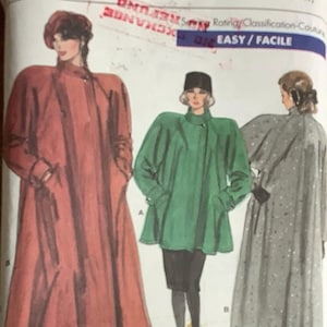 Vogue 7024 1980s Misses Flared Swing Coat Pattern 2 Lengths Standing Collar Womens Vintage Sewing Pattern Size P S M Bust 30 - 34 UNCUT