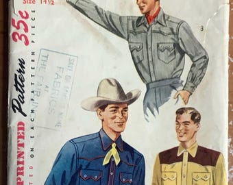 Simplicity 4150 1950s Mens Western Shirt Pattern Contrast Decorative Shaped Shoulder Yoke Vintage Sewing Pattern Chest 36 38 or 40