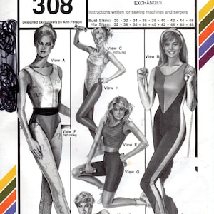 Könnte beinhalten: Vintage Schnittmuster für Cross-Training-Ausrüstung mit Illustrationen von Sportbekleidung. Das Schnittmuster mit der Bezeichnung "308" von Stretch & Sew enthält verschiedene Bodys, Shorts und Leggings. Der empfohlene Verkaufspreis beträgt 6,50 €.