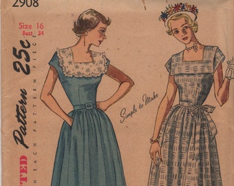 1940s Simplicity 2908 Misses Square Neck DRESS Pattern Full Skirt Womens Vintage Sewing Pattern Size 16 Bust 34 UNCUT