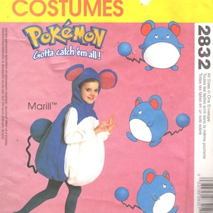 May include: A sewing pattern for a Marill Pokemon costume. The pattern is from McCall's Costumes and features a blue and white Marill with a large belly and a curled tail. The pattern is for all sizes and includes instructions for making the costume.