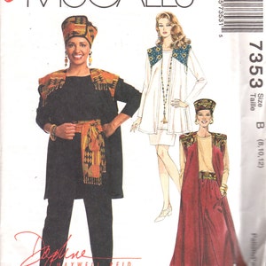 Patrón de costura McCalls 7353 P216 Afrocentric para falda, pantalones, chaleco, top, fajín, sombrero Kofi y Daphne para mujer, tallas 8, 10 y 12 (sin cortar).