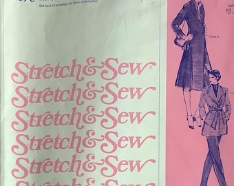 Patrón de chaqueta y abrigo cruzado de cuello chal para mujer de la década de 1970 Stretch & Sew 1070, costura vintage para mujer, busto 28-44 sin cortar