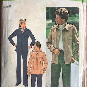 May include: A vintage Simplicity sewing pattern for men's clothing, pattern number 7726. The pattern shows three different styles of shirts and pants. The shirts are all button-down and have long sleeves. The pants are all flared and have a wide leg.