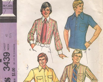 McCalls 3439 Cartamodello per camicia da uomo anni '70 con pullover e bottoni sul davanti, cartamodello vintage per guardaroba da adulto, taglia petto 40