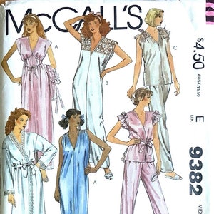 May include: A sewing pattern for a women's sleepwear set. The pattern includes a long robe, a long nightgown, and a pyjama top and trousers. The pattern is for sizes XS-XL and is available in a variety of colours.