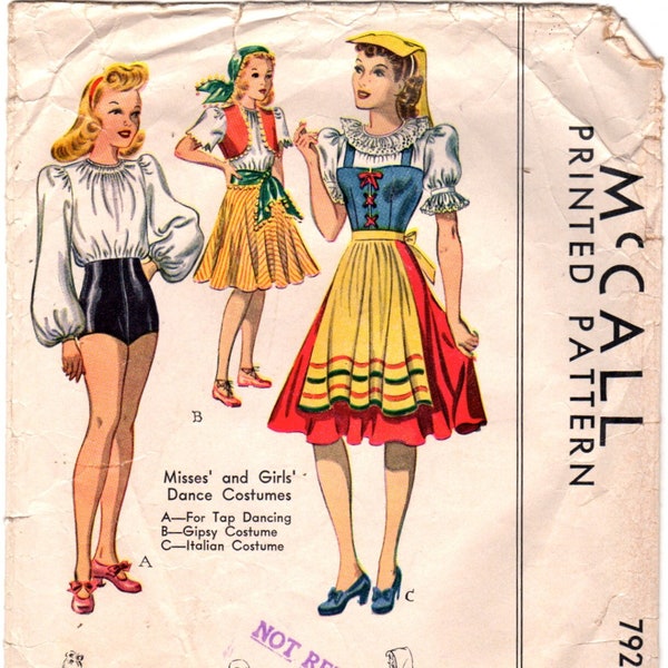 McCall 792 1940s Chicas Patrón de traje Tap Danza folclórica Italiana Gitana Campesina Étnica Niños Mujeres Vintage Patrón de Costura Talla 6 o 12