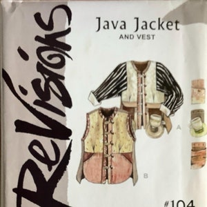 Könnte beinhalten: Ein Schnittmuster mit dem Titel "Java Jacket and Vest" von Diane Ericson. Das Cover zeigt Illustrationen einer Jacke mit gestreiften Ärmeln und einer Weste, beide mit Knopfverschlüssen. Die Schnittmusternummer ist #104.