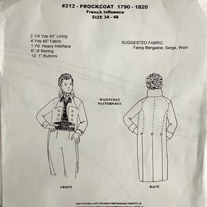 May include: A sewing pattern for a frock coat, French influence, size 34-48. The pattern includes fabric requirements and a diagram of the front and back of the coat. The pattern also includes a diagram for a waistcoat.