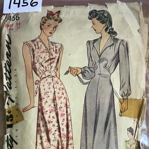 Simplicity 4456 1940s Misses V Neck Nightgown Pattern Sleeveless or Long Sleeves Collar Option Womens Vintage Sewing Pattern Bust 34 Or 38