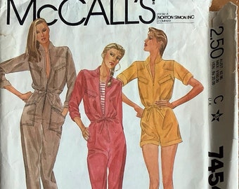 1980s McCalls 7454 Misses Zip Front Jumpsuit and Romper Pattern Tapered Leg Womens Vintage Sewing Pattern Size 10 Bust 32 UNCUT