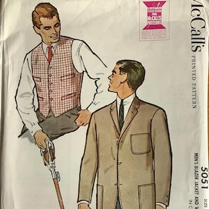 May include: A vintage sewing pattern for a blazer jacket and vest. The pattern is printed on a white background with illustrations of two men wearing the garments. The pattern number is 5051 and the size is 34.
