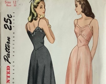 Simplicity 2220 1940s Misses Full Slip Pattern V Neck V Back Midriff Inset Womens Vintage Sewing Pattern Size 12 Bust 30 UNCUT